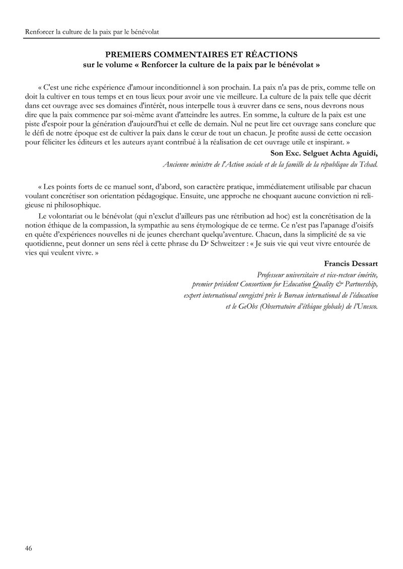 Page du commentaire de Francis Dessart sur la culture de la paix par le bénévolat