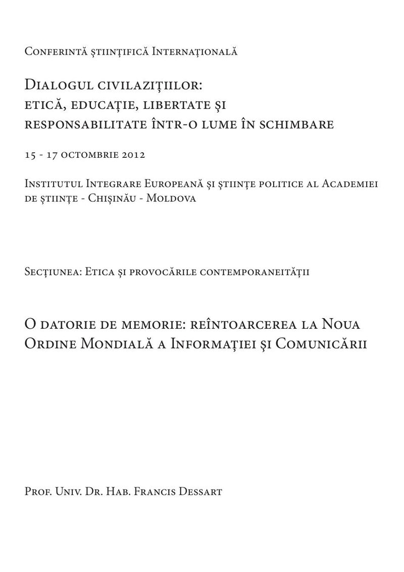 Couverture de la communication de Francis Dessart présentée à Chișinău en 2012