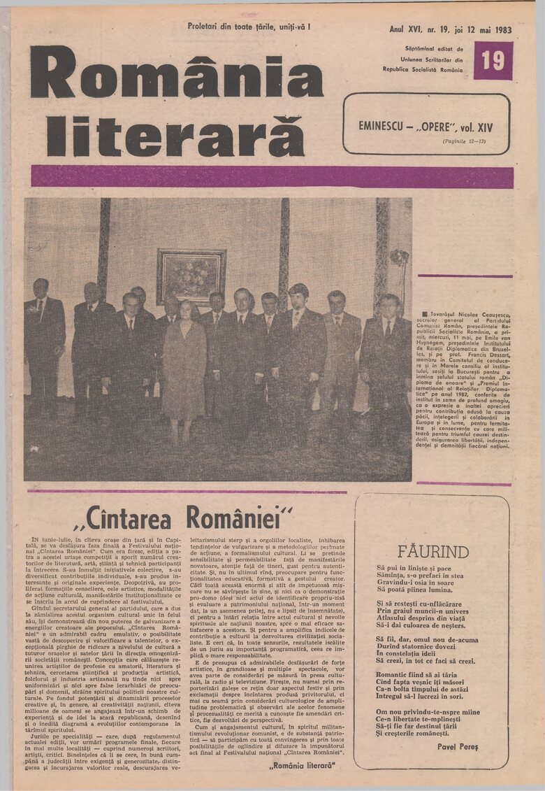 Une de România literară mentionnant la venue de Francis Dessart à Bucarest