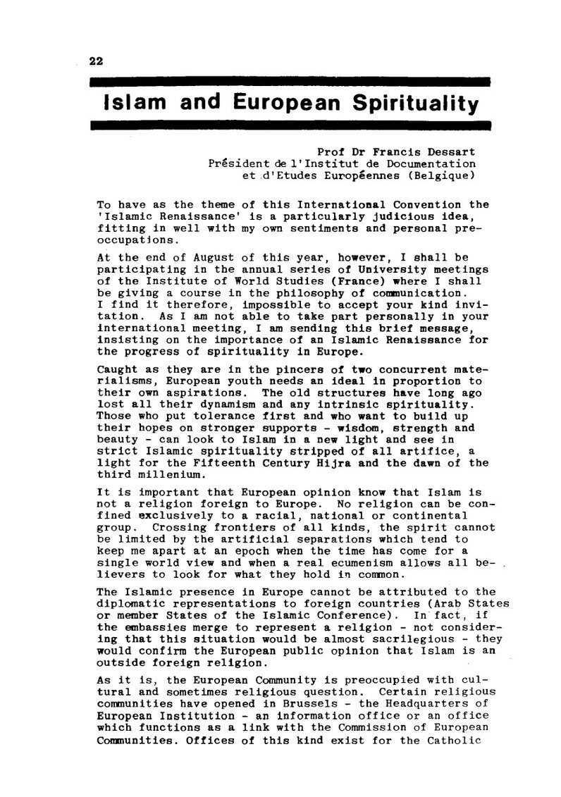 Première page du texte Islam and European Spirituality de Francis Dessart