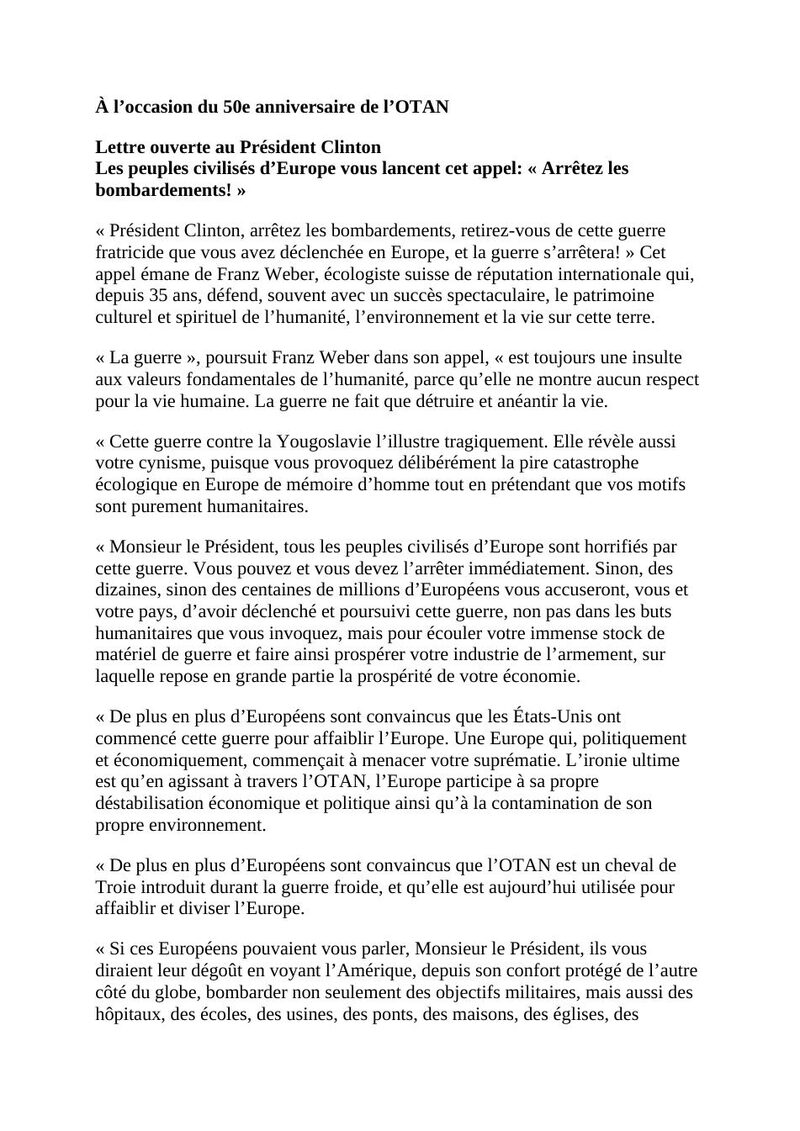 Première page de la lettre ouverte de Franz Weber au président Clinton