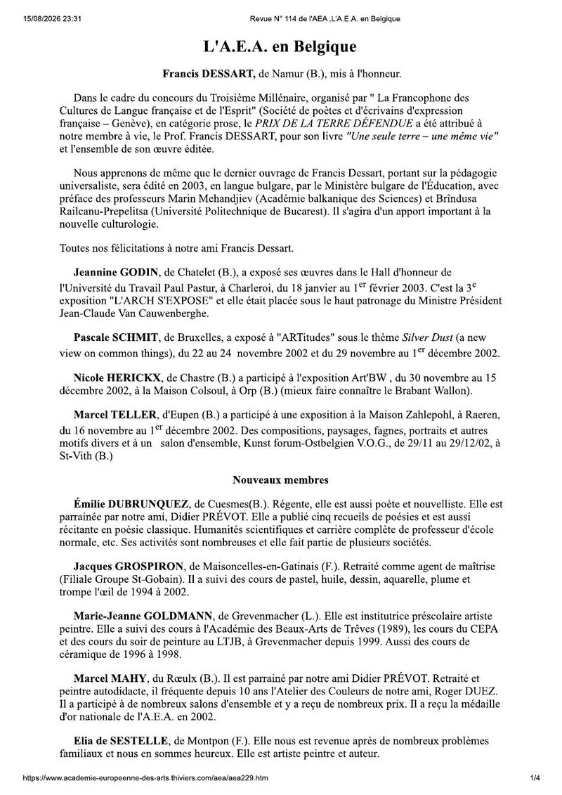 Notice de l’Académie européenne des Arts annonçant une distinction de Francis Dessart