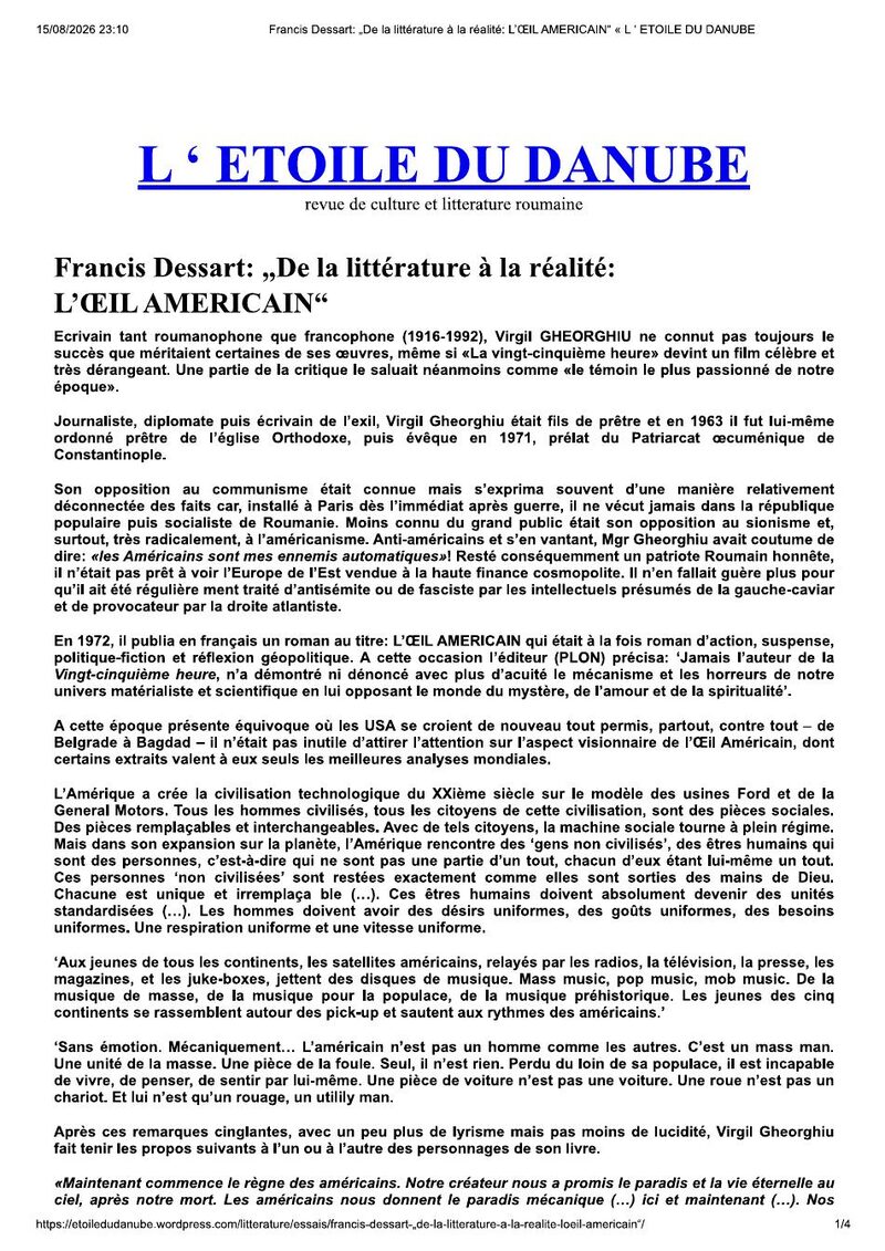 Première page de l’essai de Francis Dessart consacré à L’Œil américain