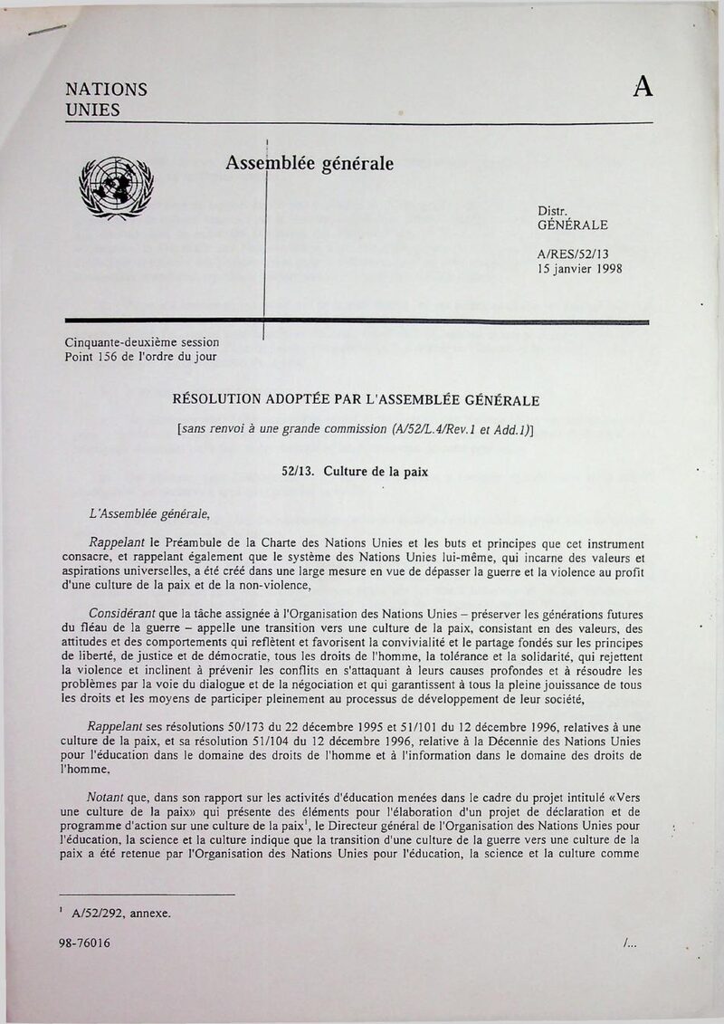 Première page de la résolution 52/13 des Nations Unies sur la culture de la paix