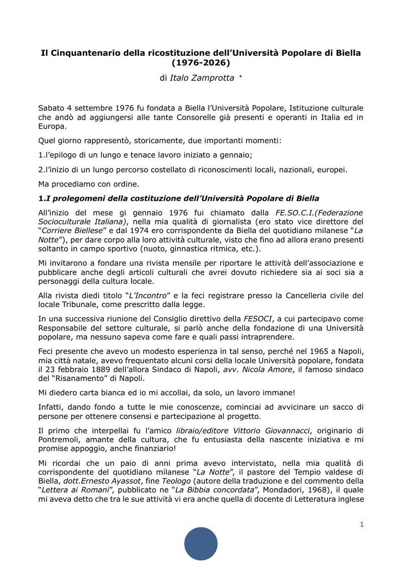 Première page du texte d’Italo Zamprotta sur l’Université populaire de Biella